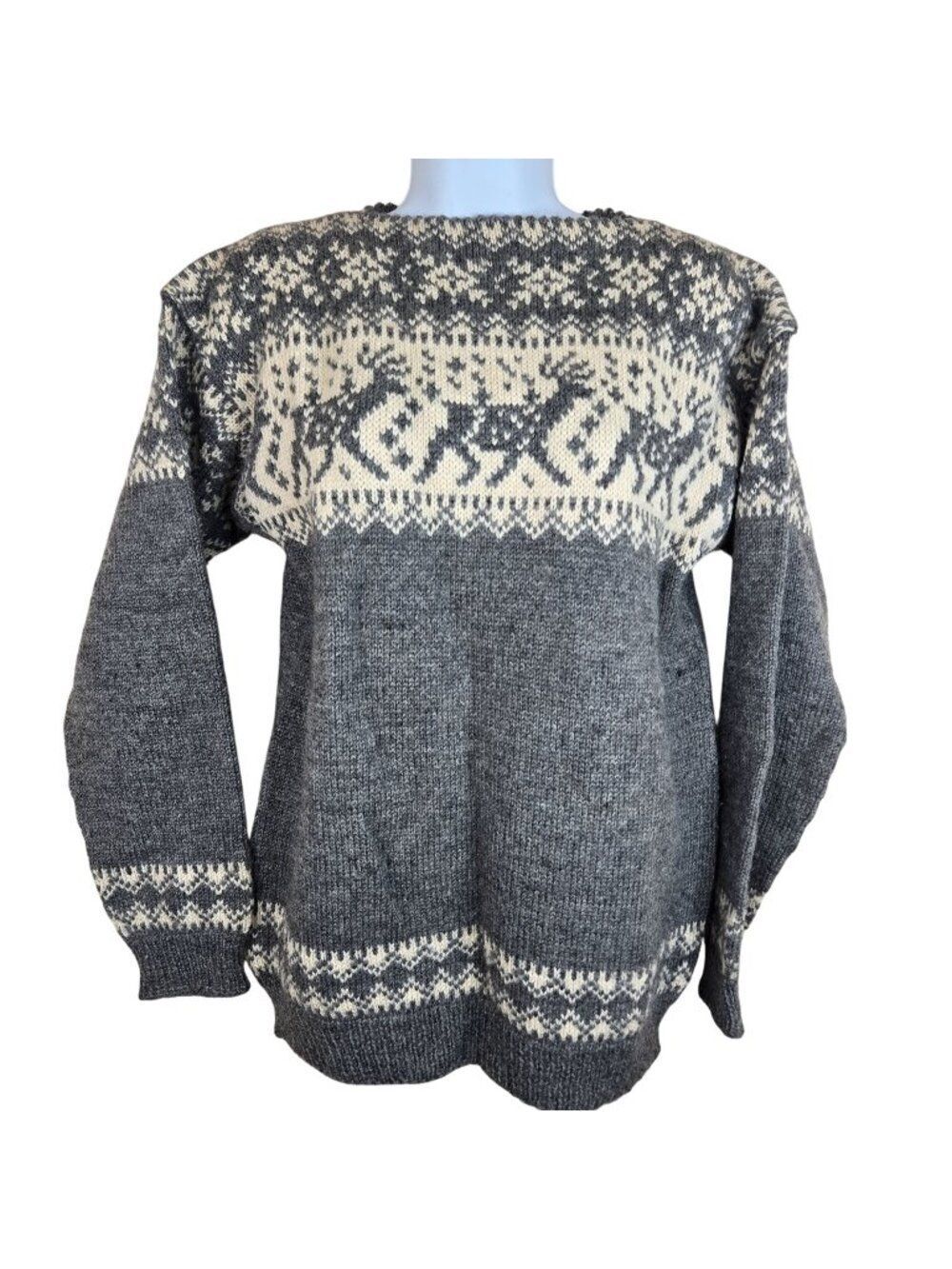 Vintage Nordic Gray Hand Knit Sweater Reindeer Fair Isle Womens L Wool